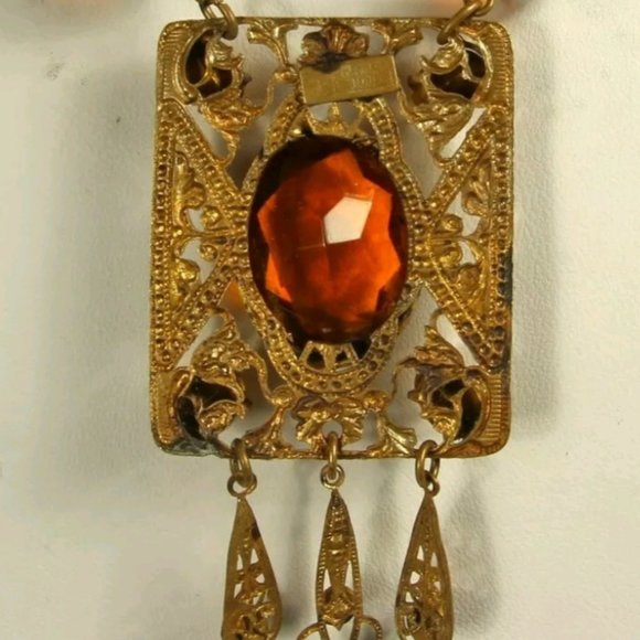 ART DECO CZECH Necklace 1930s Signed Lavalier TOPAZ CITRINE PASTE 15 in Choker - Picture 11 of 12